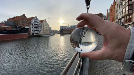 Gdansk Poland January 7, 2022. Old town historic buildings on the Motlawa River with a visible...