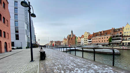 Gdansk Poland January 7, 2022. Old town, historic buildings on the Motlawa River, panoramic view