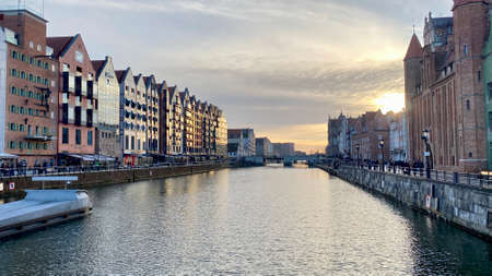Gdansk Poland January 7, 2022. Wyspa Spichrzow on the Motlawa River Beautiful architecture of buildings next to the water canalのeditorial素材