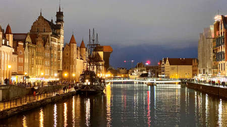 Gdansk Poland January 8, 2022 Old Town, historic buildings on the Motlawa River, panoramic view...