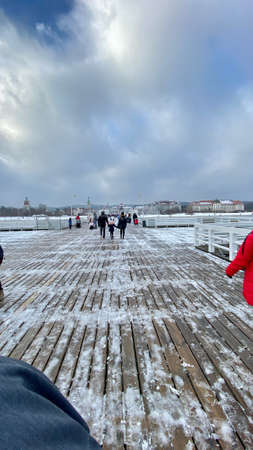 Sopot, Pomorskie Voivodeship, January 8, 2022. Interesting historical buildings The pier in Sopot made of wood, the longest in Europe, 512 metersのeditorial素材