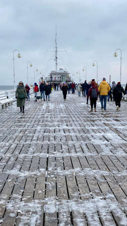 Sopot, Pomorskie Voivodeship, January 8, 2022. Interesting historical buildings The pier in Sopot made of wood, the longest in Europe, 512 metersのeditorial素材