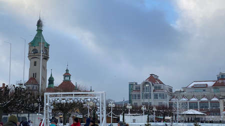 Sopot, Pomeranian Voivodeship, January 8, 2022. Interesting, historic Zdrojowy Square, view of the Spa House and the Lighthouseのeditorial素材