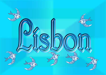 The word Lisbon against a blue background with swallows flying aroundのイラスト素材