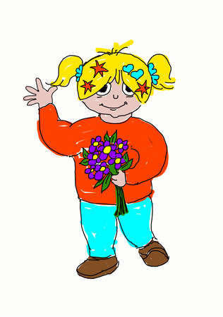 Waving cute blonde girl with a flower bouquetのイラスト素材