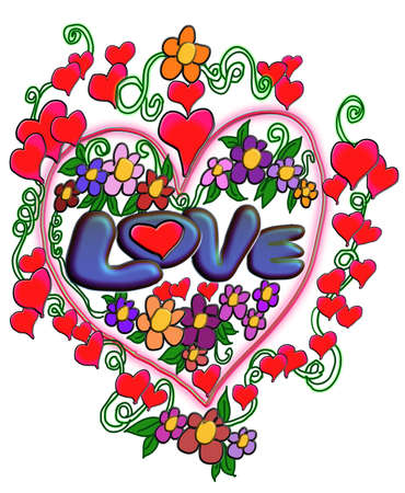 A heart with flower ornaments with the word love on transparent background. Hand drawnのイラスト素材