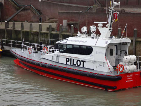 Vlissingen, The Netherlands - Feb 1 2016 Belgian pilot boat in a Dutch harbor at the mouth of the Scheldt. A matter of good cooperation between the Netherlands and Belgiumのeditorial素材