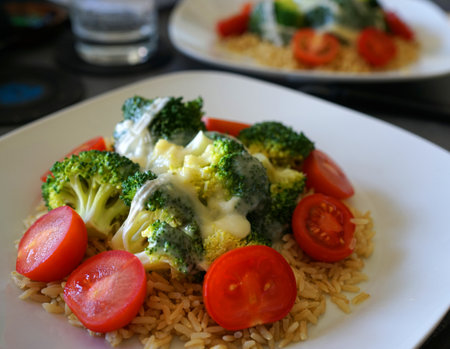 A delicious vegetarian meal with rice, small sliced ââtomatoes, broccoli and melted cheese on a white plate. The same meal on another plate blurred in the backgroundの写真素材