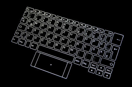 Black virtual keyboard with white backlit 'keys'. It's a version for the German language.