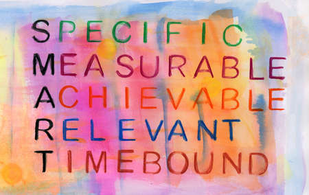 Watercolor on paper with the SMART criteria: Specific, Measurable, Achievable, Relevant, Timebound. These criteria should guide the setting of goals and objectives for better resultsの写真素材