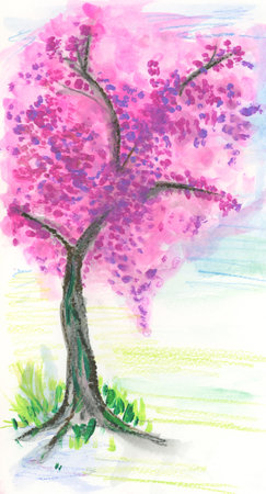 A pink blossoming fruit tree. Watercolor on paperの写真素材