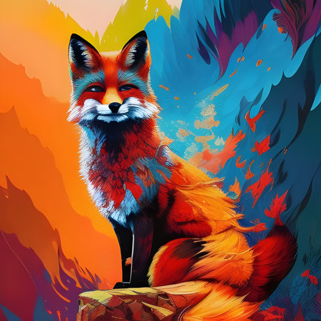 Sitting colorful fox against a vibrant colored background. Generative Ai.の素材