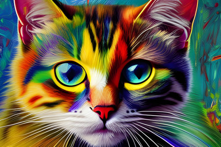 Colorful cat portrait. The cat has huge eyes. Generative AI.の素材