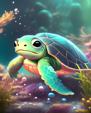 Cute baby turtle swimming in the water. Generative AIの素材