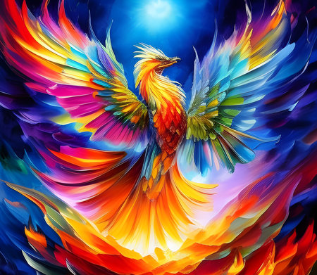Colorful fire-bird rising out of flames. Generative AI.の素材