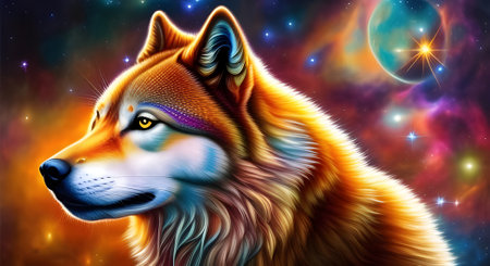 A glowing brown wolf with a galaxy background, Generative AI.の素材