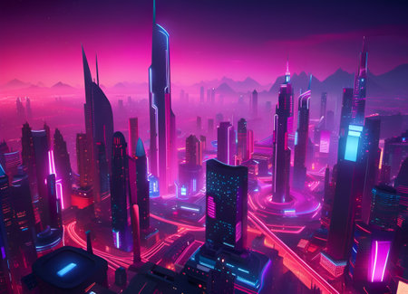 A futuristic night city glowing with neon lights. Surrealistic skyscrapers. Cyberpunk city in pink, purple and blueの素材