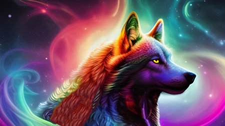 Portrait of a colorful cosmic wolf.の素材