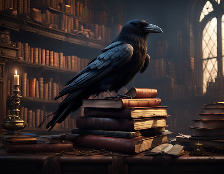 A raven on a stable of books in the room of a wizardの素材