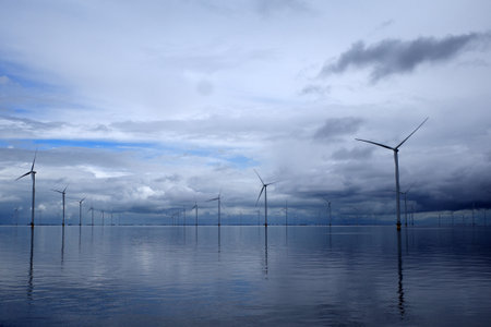 A wind farm on Lake IJssel. This is a closed-off inland bay in the Netherlands