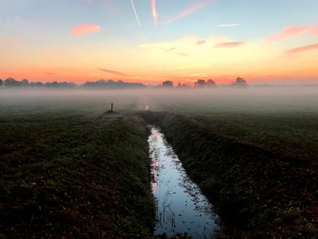 A Dutch meadow landscape at sunrise in winter. Wisps of mist hang over the grass. The colorful sky is reflected in the water of the ditchの写真素材