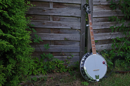 A banjo stands against an old wooden fence. Rural settingの写真素材