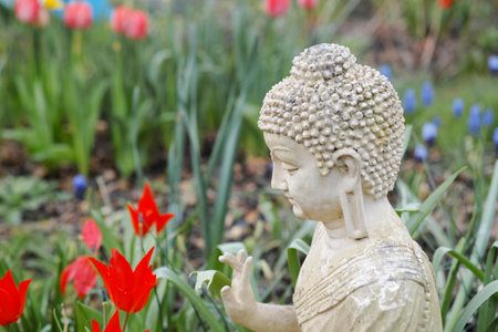 Portrait of a white garden buddha with his hand pointed up combined with red tulips. The hand gesture of this Buddha is called Abhaya Mudraの写真素材