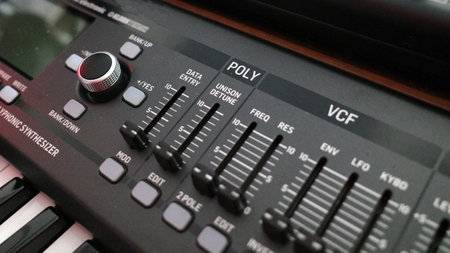 Close up of a part of an analogue polyphonic synthesizer