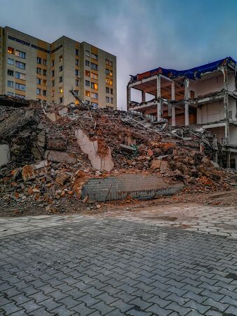 Urbex of destructed building in Warsaw center at cloudy afternoonの写真素材