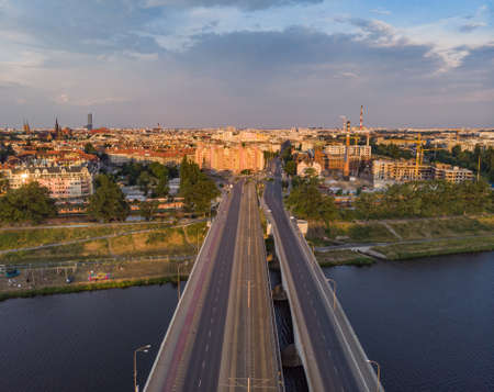 Wroclaw June 21 2019 Warsaw bridges over Odra river at sunny morningのeditorial素材