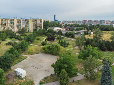 Wroclaw July 5 2019 Aerial look to park with blocks of flats and buildings aroundのeditorial素材