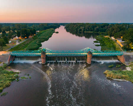 Wroclaw July 1 2019 Aerial look to Bartoszowicki bridge at sunriseのeditorial素材