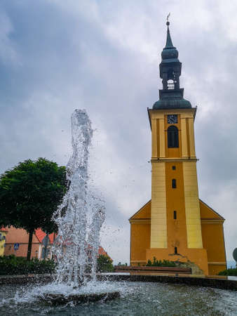 Srebrna Gora August 22 2019 Small fountain in front of church tower