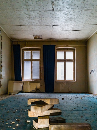 Urban exploration of ruins of old tenement houseの写真素材