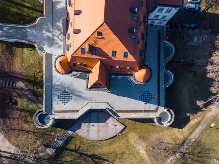Wroclaw, Poland - February 20 2020 Aerial top down view to White Cultural Center "Zamek" ("Castle") with orange roofのeditorial素材