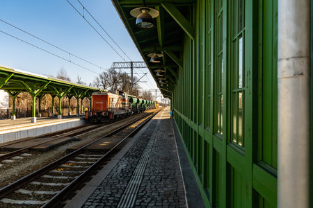 Wroclaw, Poland - February 20 2020 Green platform at railway station in Lesnicaのeditorial素材
