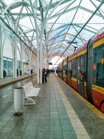 Lodz, Poland - February 21 2020 Long platform at Unicorn stable tram station