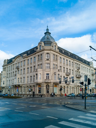 Lodz, Poland - February 21 2020 Facade of old tenement house reflected with small dome on topのeditorial素材