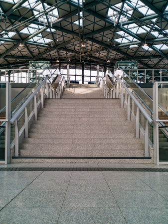 Lodz, Poland - February 22 2020 Concrete stairs inside Lodz Fabryczna railway station