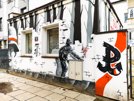 Lodz, Poland - February 23 2020 Patriotic mural art painting on wall at "28 Pulku Strzelcow Kaniowskich 18"のeditorial素材