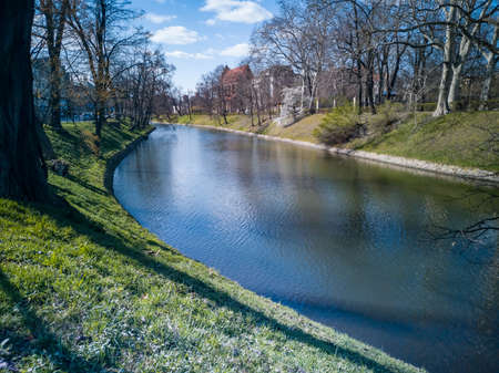 Long moat river in park between trees and bushes at sunny dayの写真素材