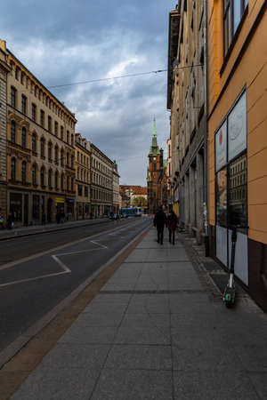 Wroclaw, Poland - March 1 2020 Long Krupnicza street with old tower at the endのeditorial素材