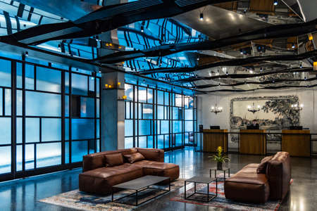 Wroclaw, Poland - March 7 2020 Interior of new modern The Bridge Hotel