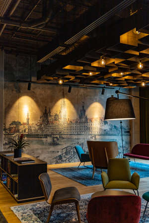 Wroclaw, Poland - March 7 2020 Interior of new modern The Bridge Hotel