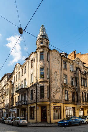 Wroclaw, Poland - March 8 2020 Facade of corner of old tenement house with dome on topのeditorial素材