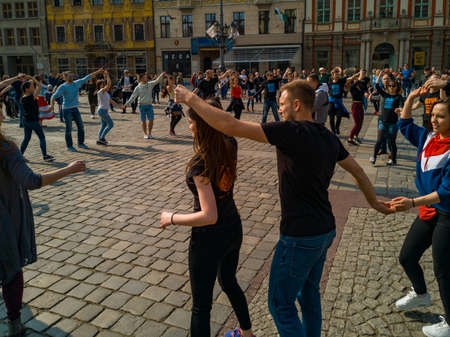 Wroclaw, Poland - March 31 2019 International Flashmob Day of Rueda de Casino and open event at market squareのeditorial素材