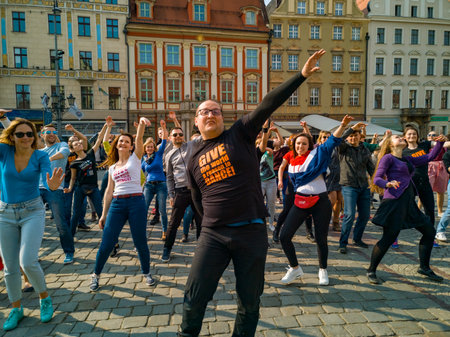 Wroclaw, Poland - March 31 2019 International Flashmob Day of Rueda de Casino and open event with dance animations at market squareのeditorial素材
