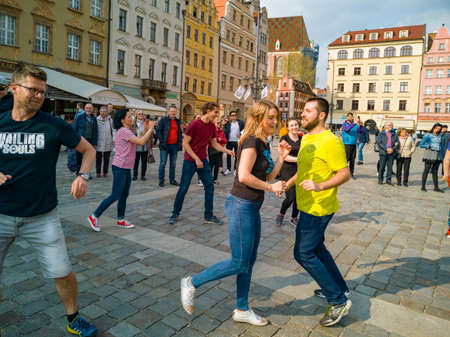 Wroclaw, Poland - March 31 2019 International Flashmob Day of Rueda de Casino and open event at market squareのeditorial素材