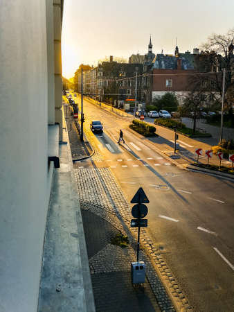 Wroclaw, Poland - April 18 2020 - Beauty sunset over long Kosciuszki street with long shadowsのeditorial素材