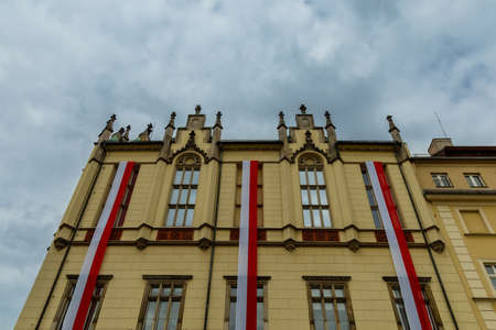 Wroclaw, Poland - May 03 2020: Market square and facade of building with Polish flags at 3rd of Mayのeditorial素材